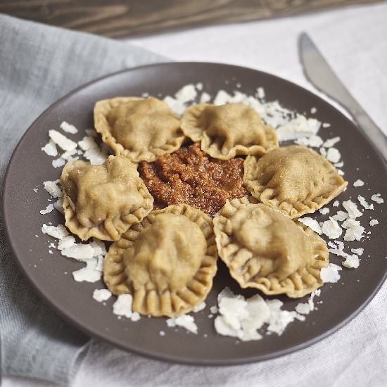 Sage Lamb Ravioli with Tomato Pesto - Recipe photo by kiwiandpeach