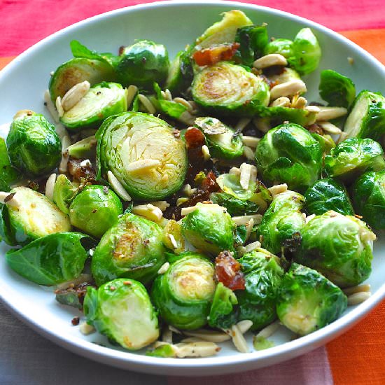 Brussels Sprouts w/ Almonds + Dates - Recipe photo by thetolerantvegan
