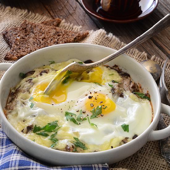 Cheesy Mushroom Baked Eggs for Two - Recipe photo by AnEdibleMosaic