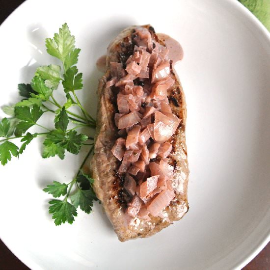 Steak with Onion Peppercorn Sauce - Recipe photo by MomWhatsForDinner