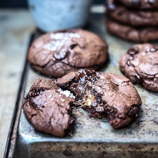 Caramel + Nutella Chocolate Cookies - Recipe photo by topwithcinnamon