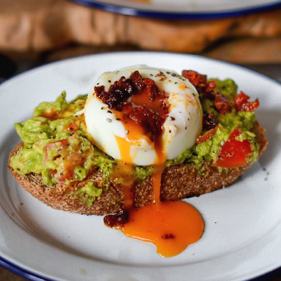 Poached Egg with Chorizo Crumble - Recipe photo by AFeastForTheEyes