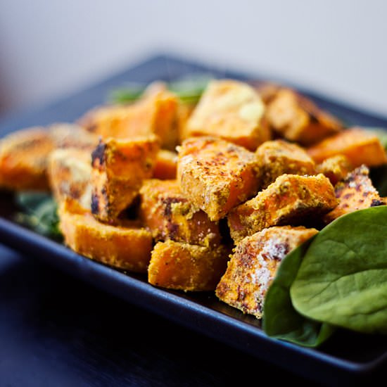 Cheezy Curry Sweet Potato Chunks - Recipe photo by calmmindbusybody