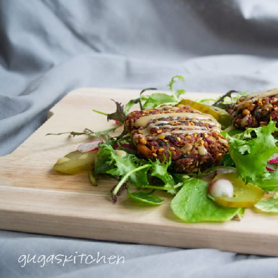 Beetroot Burgers w/Tahini Dressing - Recipe photo by gugaskitchen