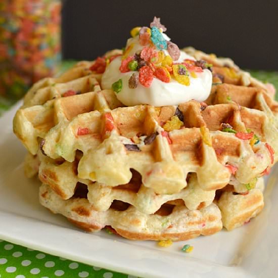 Fruity Pebble Waffles - Recipe photo by littledairyontheprairie