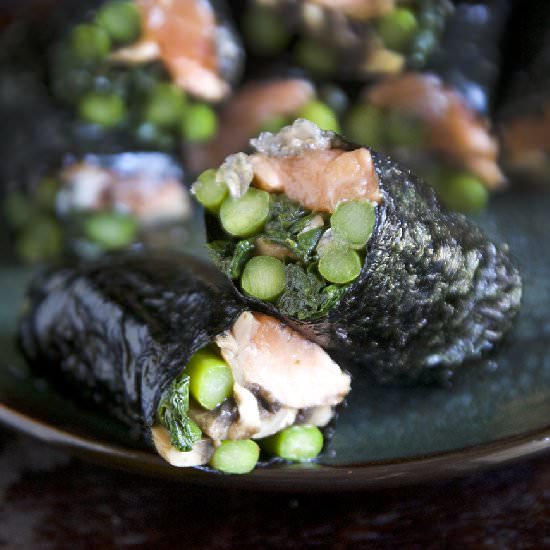 Seaweed Wrapped Seared Salmon Rolls - Recipe photo by the pescetarian and the pig