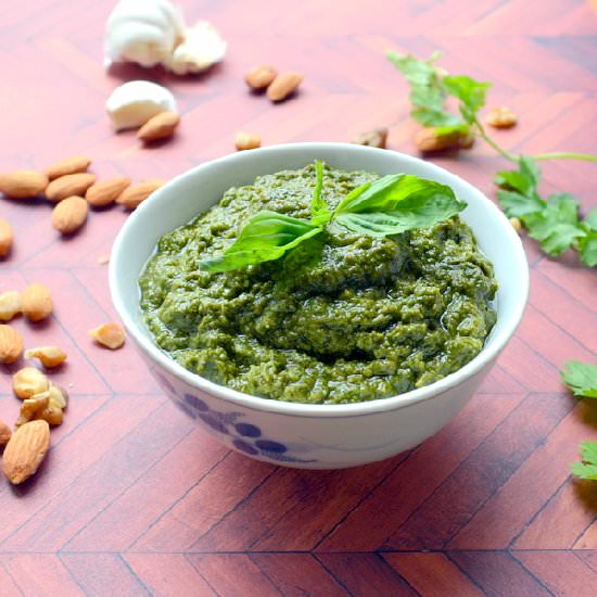Cilantro Almond Pesto - Recipe photo by Happily Spiced