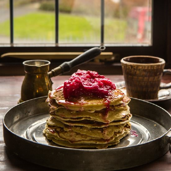 Oatmeal Pancake with Poached Rhubarb - Recipe photo by Multiculti
