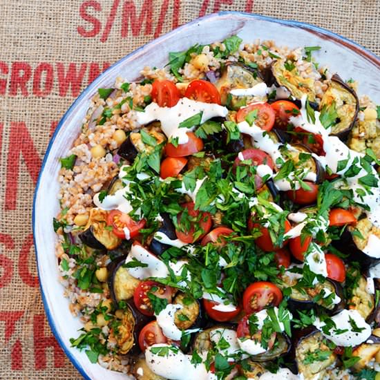 Roast eggplant farro salad - Recipe photo by oneequalstwo