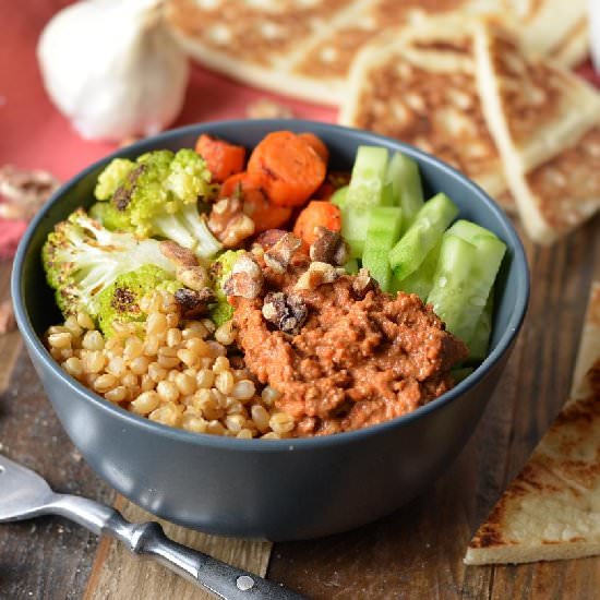 Muhammara Roasted Veggie Bowl - Recipe photo by coffeeandquinoa