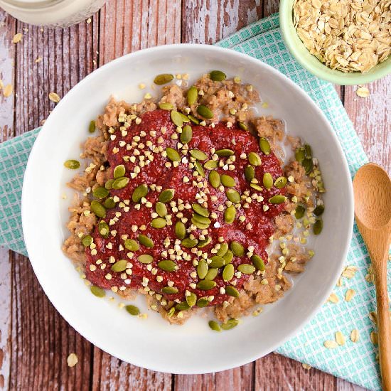 Coconut Oats + Raw Strawberry Jam - Recipe photo by BlissfulBasil