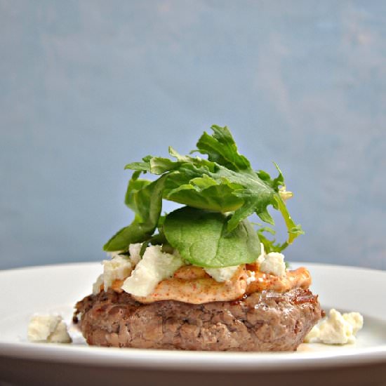 Lamb Burger w/ Feta & Harissa Aioli - Recipe photo by PinchandSwirl