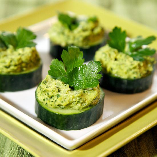 Kale Hummus Cucumber Bites - Recipe photo by ourapronstrings