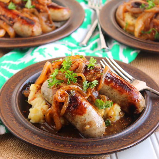 Bangers and Mash with Onion-Mustard - Recipe photo by TheSuburbanSoapbox