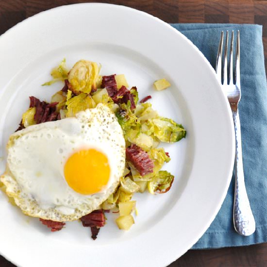Corned Beef Hash w Brussels Sprouts - Recipe photo by PinchandSwirl