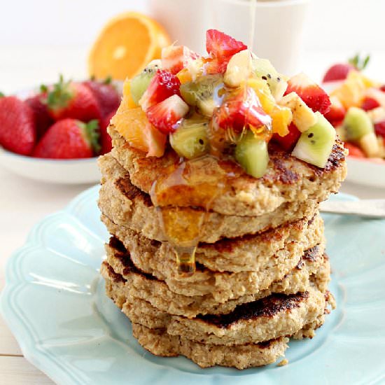 Oat Bran Protein Pancakes - Recipe photo by honeyandfigs