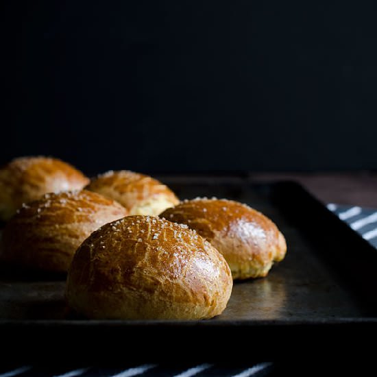 Cheddar Brioche Buns - Recipe photo by Savory Simple
