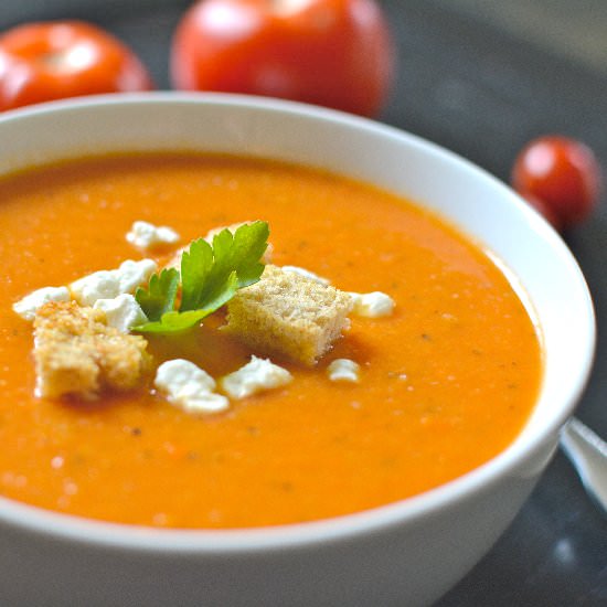 Roasted Tomato Bisque + Goat Cheese - Recipe photo by foodieontherun