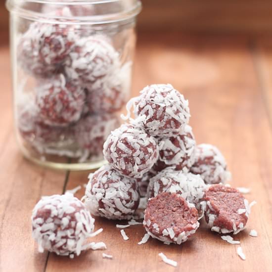 No-Bake Raspberry Zinger Balls - Recipe photo by Dash of Reality