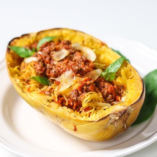 Spaghetti Squash w/ Easy Meat Sauce - Recipe photo by chef julie yoon