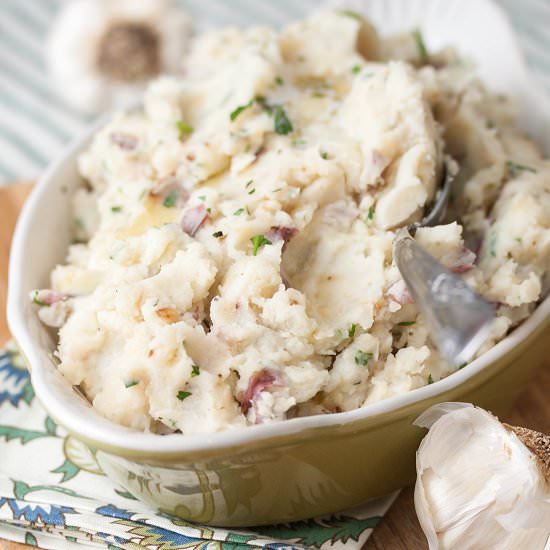 Roasted Garlic Smashed Potatoes - Recipe photo by tideandthyme
