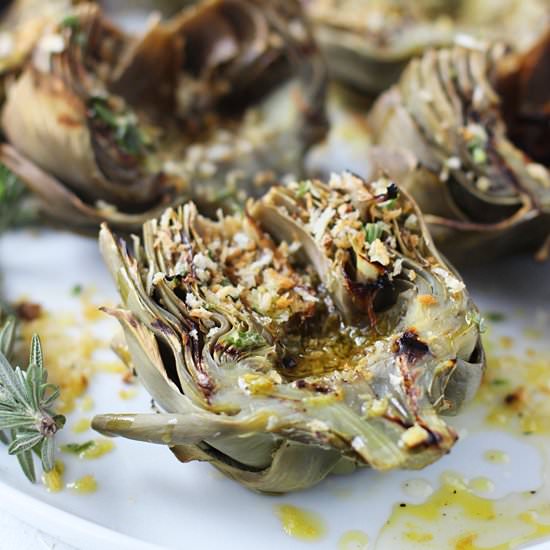 Grilled Artichokes with Rosemary - Recipe photo by cookingforkeeps