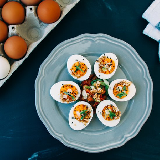 Miso Kimchi Deviled Eggs - Recipe photo by iwillnoteatoysters
