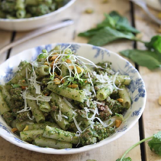 Penne with Lamb & Mint Pesto - Recipe photo by Running to the Kitchen