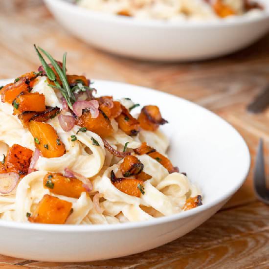 Vegan Fettuccine Alfredo w Squash - Recipe photo by avocadopesto