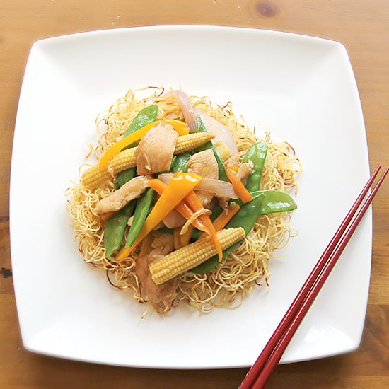 Chicken Stir-fry on Crispy Noodles - Recipe photo by PopandWok