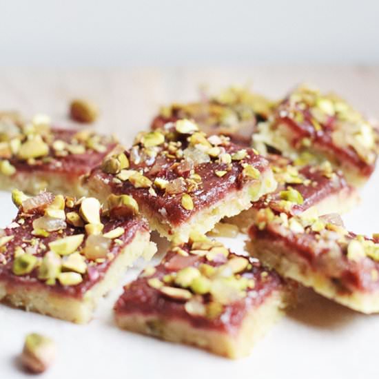 Rhubarb, Ginger & Pistachio Bars - Recipe photo by FigandHoney