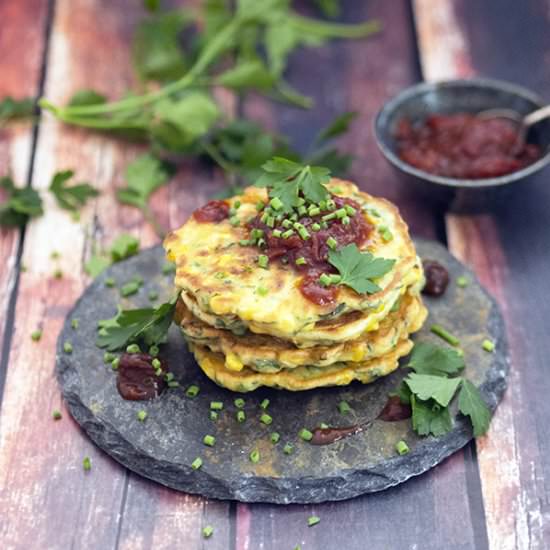 Corn Fritters & Tomato Relish - Recipe photo by Belly Rumbles