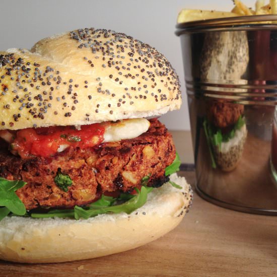 Spicy Bean Burger with Fries - Recipe photo by pescetariankitchen