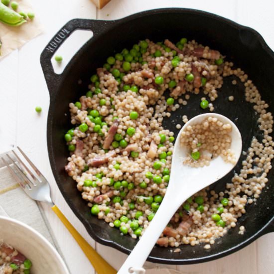 Fregola with Peas, Pancetta Truffle - Recipe photo by InMyRedKitchen