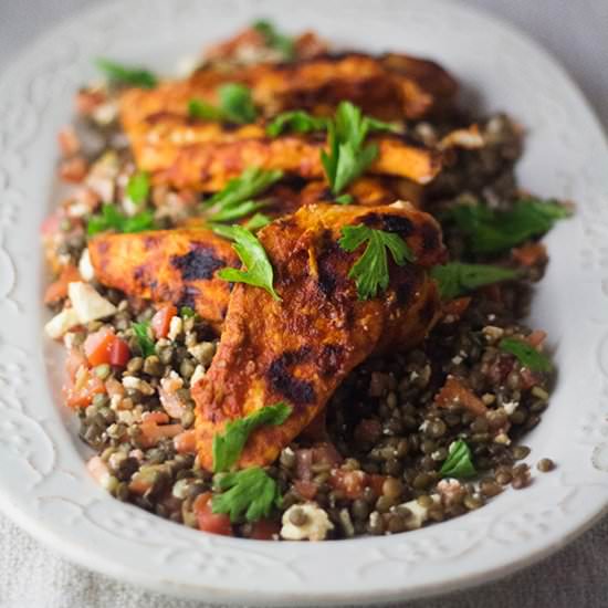 Chicken Tenders on a Lentil Salad - Recipe photo by thepinkdumpling