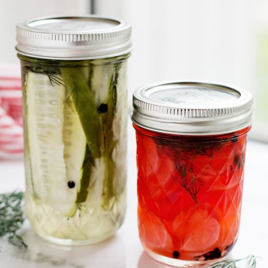 Sweet & Spicy Refrigerator Pickles - Recipe photo by abeautifulmessblog