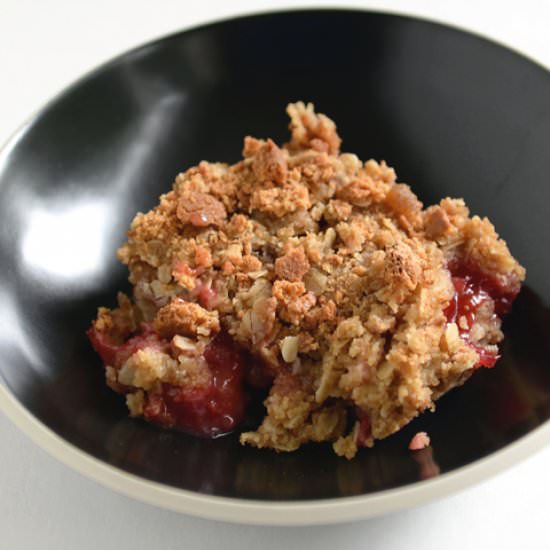 Rhubarb Raspberry Amaretti Crisp - Recipe photo by winedinewander