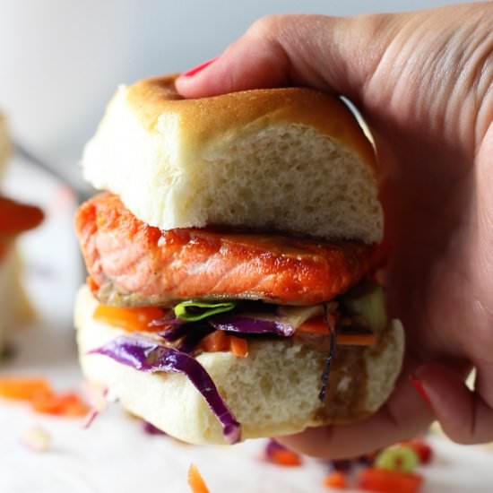 Salmon Sliders with Peanut Sauce - Recipe photo by cookingforkeeps
