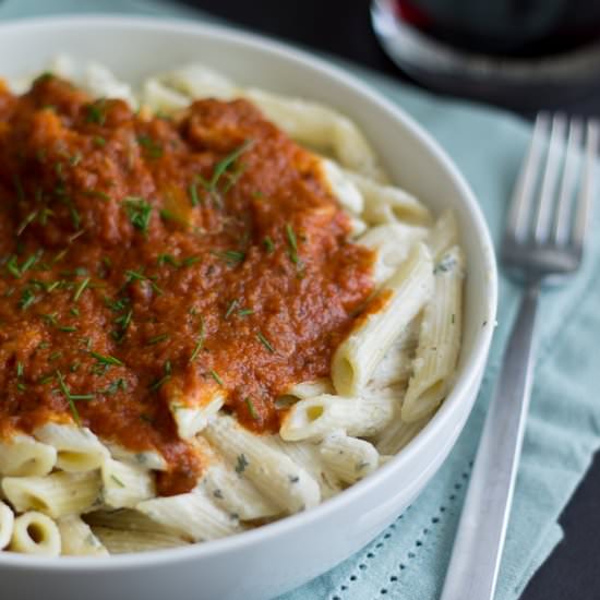 Vegan Ricotta Tomato Pasta Bowl - Recipe photo by 40aprons
