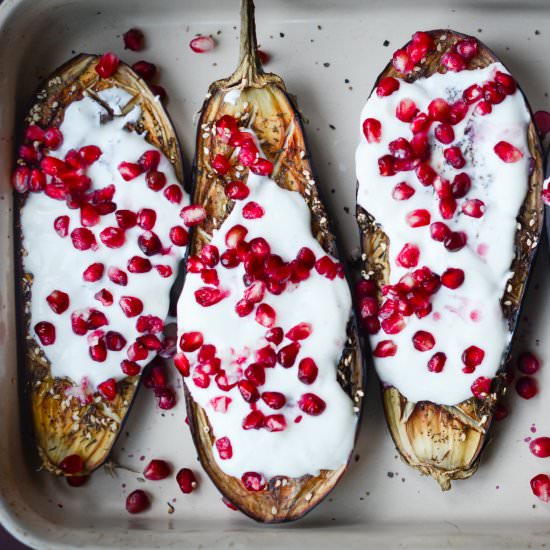Buttermilk & Pomegranate Aubergines - Recipe photo by AFeastForTheEyes
