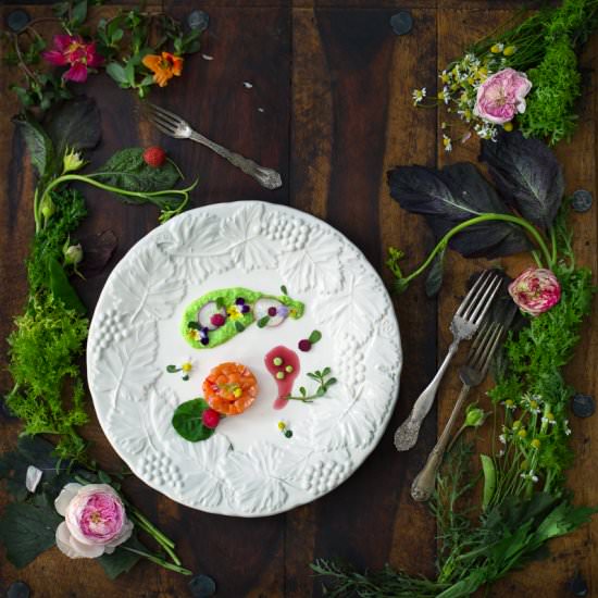 King Salmon Tartare with Pea Hummus - Recipe photo by threelittlehalves