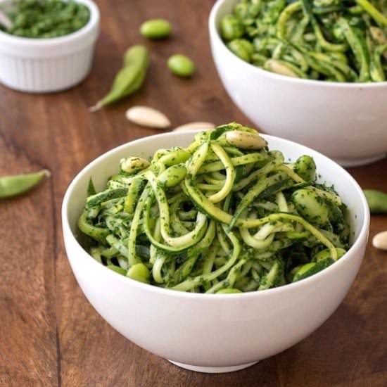 Zoodles with Kale Pesto and Edamame - Recipe photo by ChillyFrosting