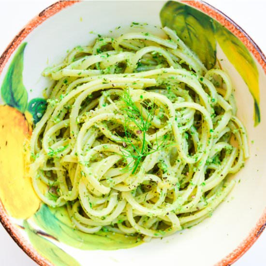 Garlic Scape and Fennel Frond Pesto - Recipe photo by foodandotherstuff