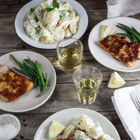 Pork schnitzel & warm potato salad - Recipe photo by Simply Delicious