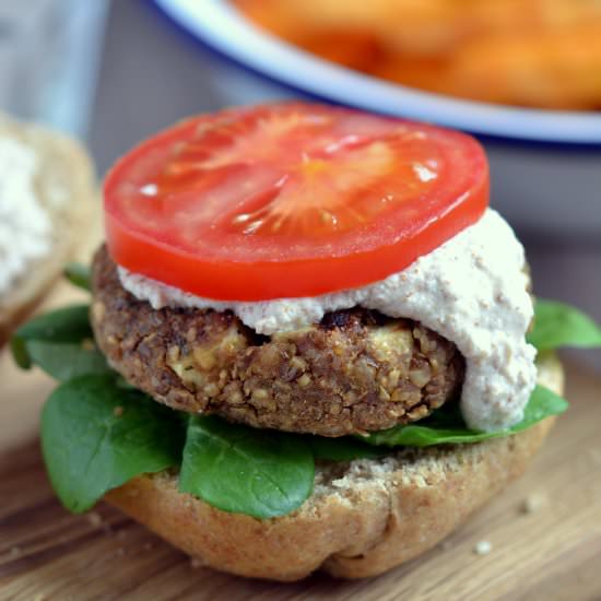 Lentil Walnut Burgers & Almonnaise - Recipe photo by DreenaBurton