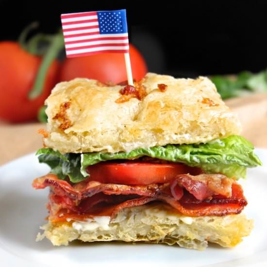 July 4th Bacon Onion Focaccia BLTs - Recipe photo by Confectionalism