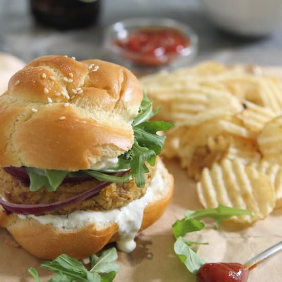 Spicy Bacon Chickpea Burgers - Recipe photo by Running to the Kitchen