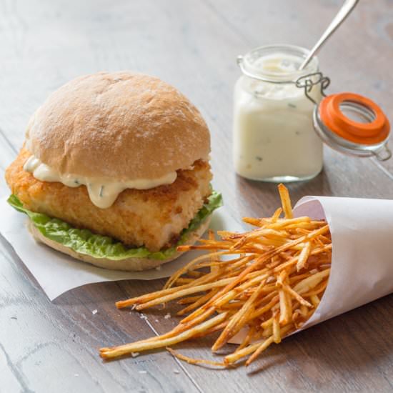 Fish Burger with Matchstick Fries - Recipe photo by KitchenSanctuary