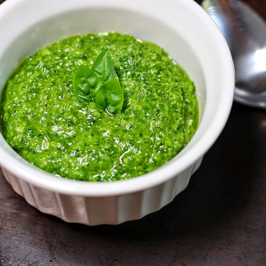 Lightened-Up Basil Pesto - Recipe photo by audreysapron