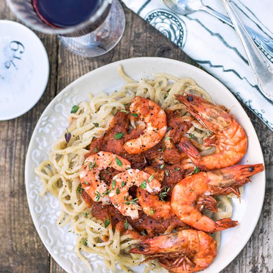 Hand rolled pasta with prawns - Recipe photo by supergoldenbakes